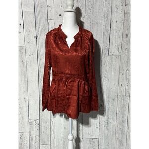 Isaac Mizrahi Women's Cinnamon Top V-Neck Long Sleeve Size 6 NWT Ruffled Neck